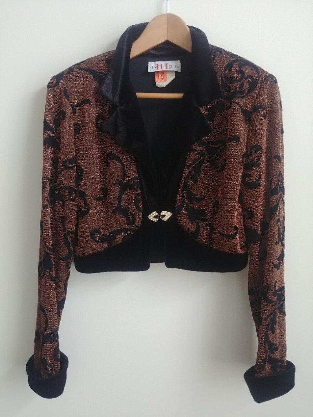 Vintage black velvet collar and cuffs copper sparkle cropped jacket cardigan